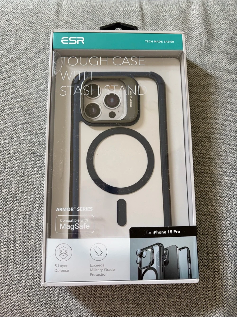 ESR Tough Case with Stash Stand for iPhone 15 Pro - Clear with Black Accents